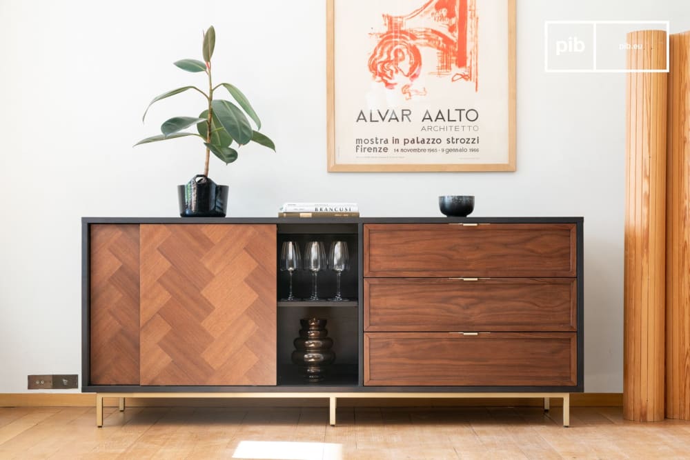 Buffet en bois brun foncé avec portes coulissantes et 3 tiroirs - Maisons du Monde