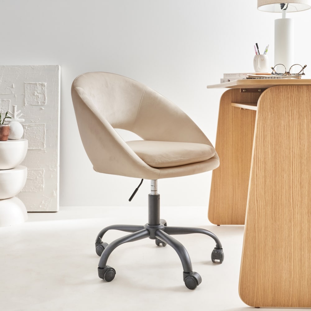 sweeek Abgrundeter Bürostuhl mit Rollen und cremeweißem Samtbezug style vintage - Samt