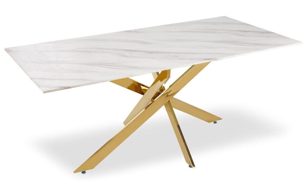 Table à manger en verre effet marbre blanc et pieds or