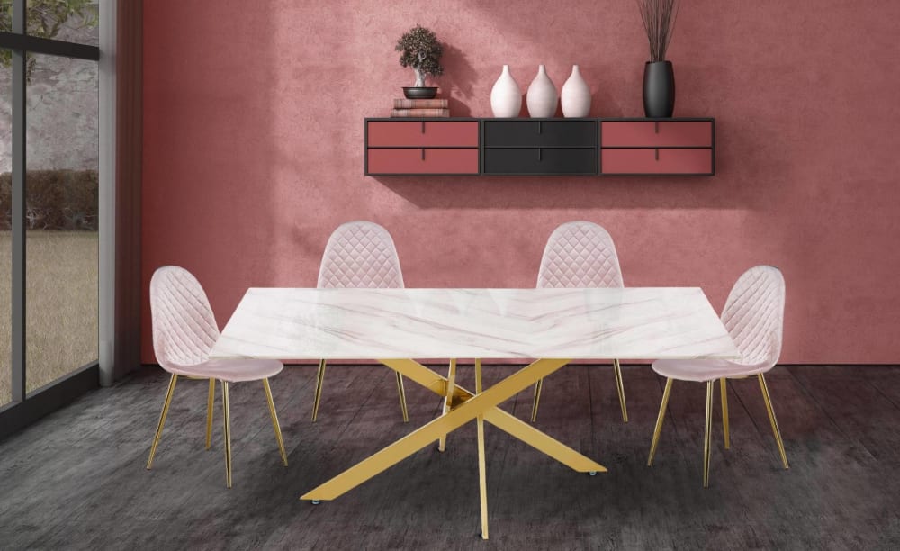 Table à manger en verre effet marbre blanc et pieds or - Maisons du Monde