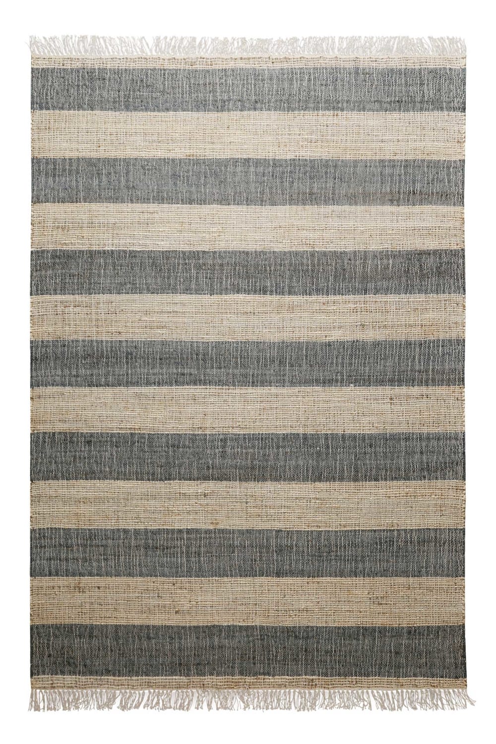 Tapis plat tissé main à franges rayé anthracite et beige 200x290