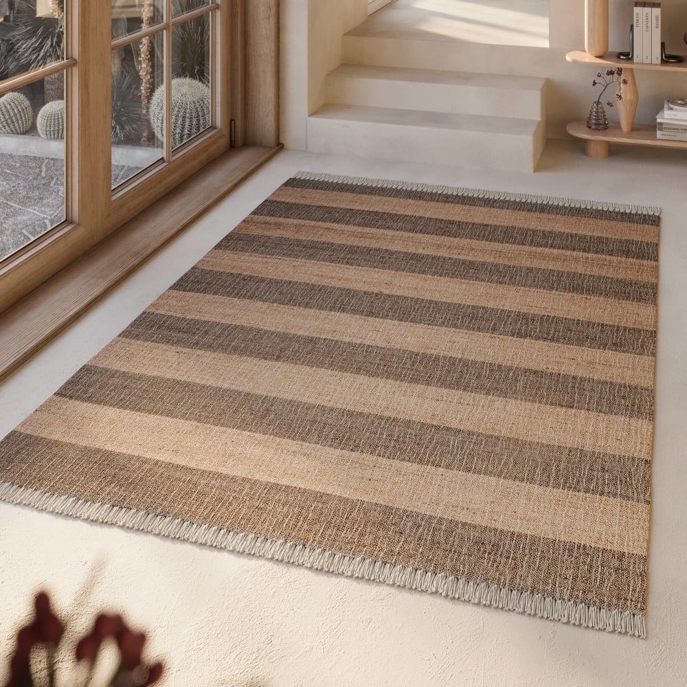 Tapis plat tissé main à franges rayé brique et brun 160x230 — vue 3