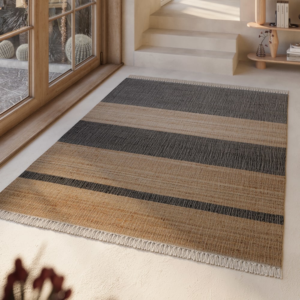 Tapis plat tissé main à franges rayé anthracite et brun 160x230 — vue 3