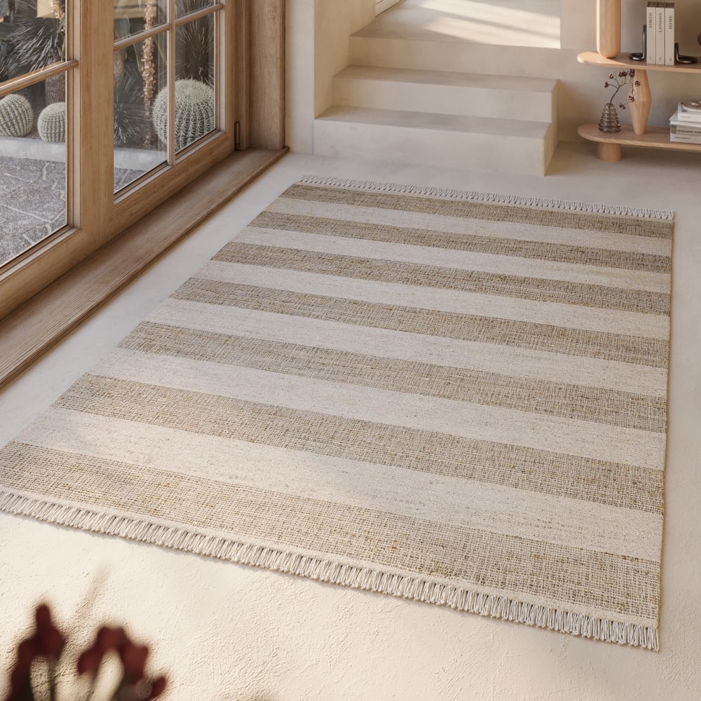 Tapis plat tissé main à franges rayé brun et beige 160x230 — vue 3