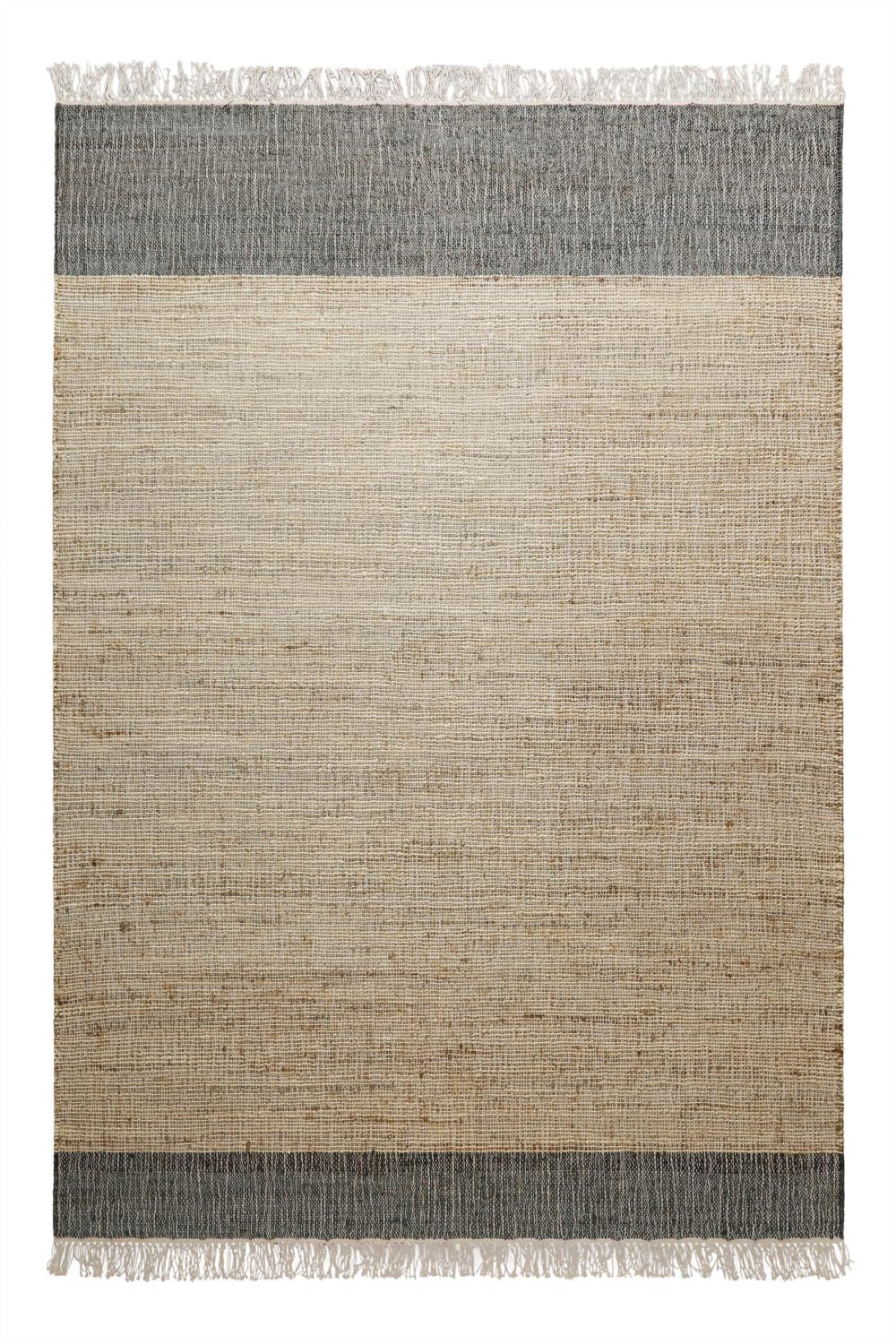 Tapis plat tissé main à franges rayé anthracite et beige sable 200x290