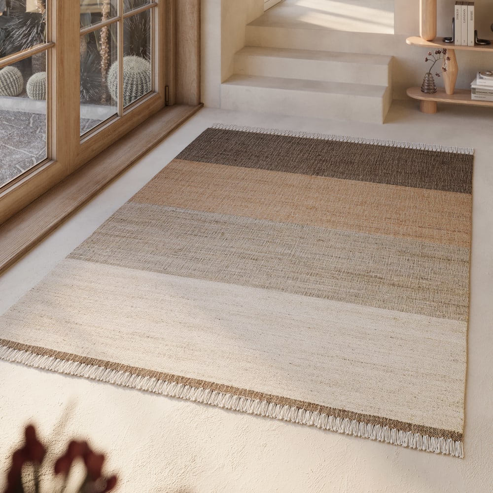 Tapis plat tissé main à franges rayé tons de brun et beige 80x150 — vue 3
