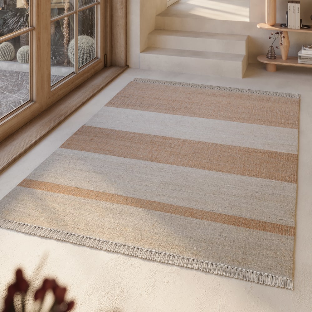 Tapis plat tissé main à franges rayé beige et brun 160x230 — vue 3