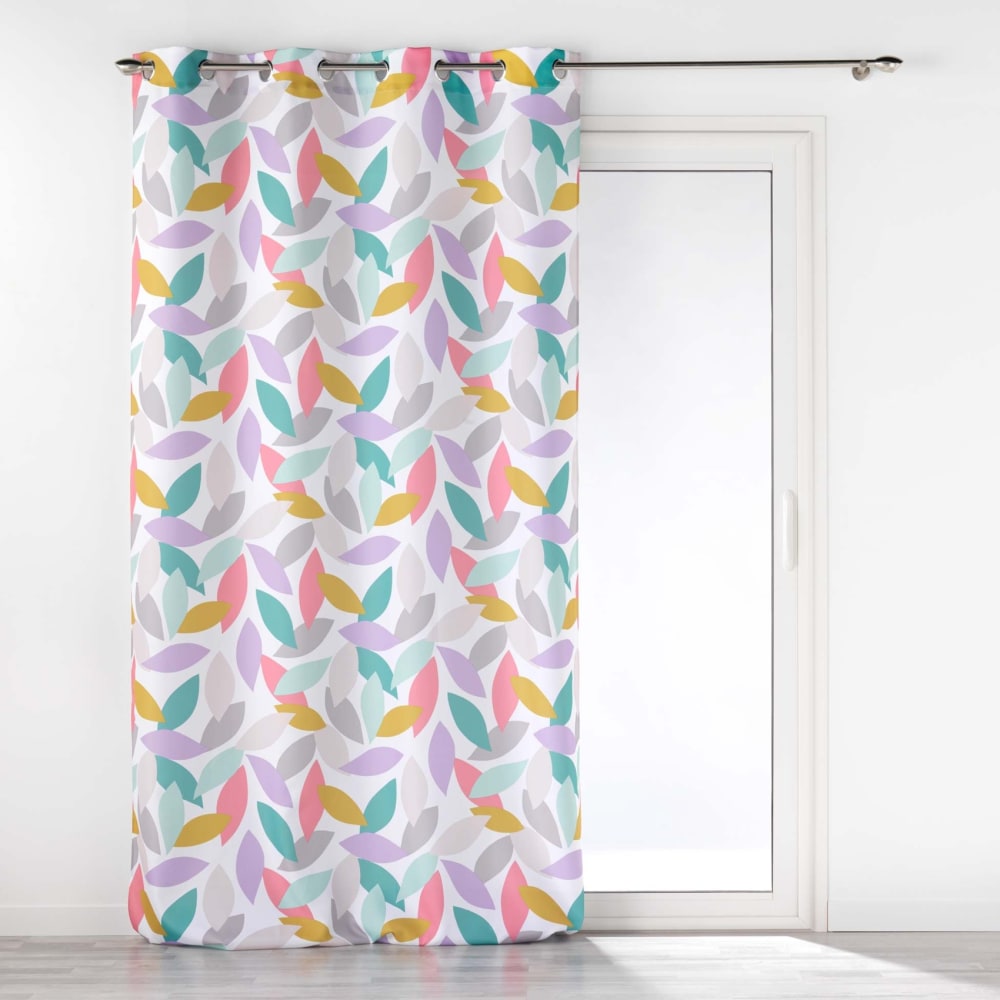 Home Maison Rideau tamisant aux feuilles colorées polyester blanc 140x260 cm style contemporain - Pes - Polyester