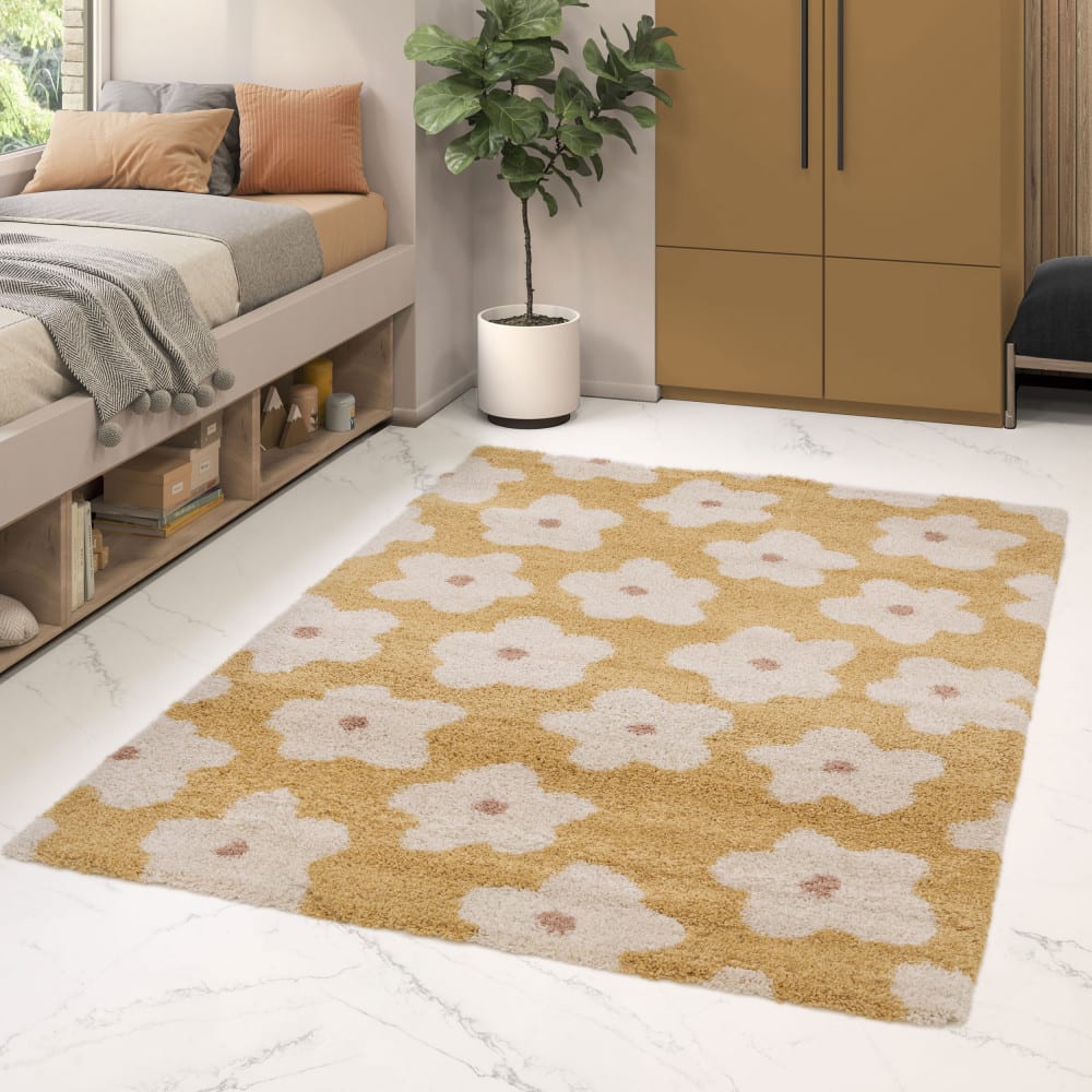 Tapis contemporain floral - 160x230cm jaune moutarde polypropylène — vue 3