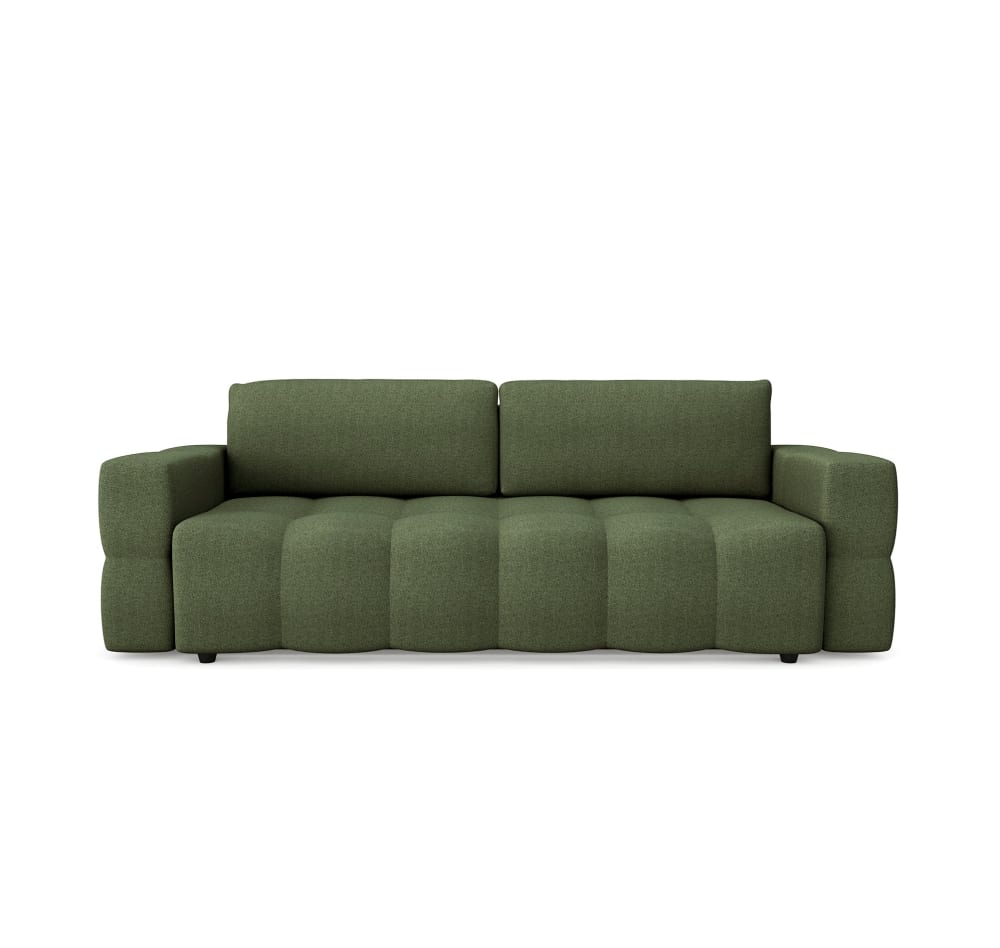 Canapé convertible coffre noyer 4 places en tissu tramé vert olive