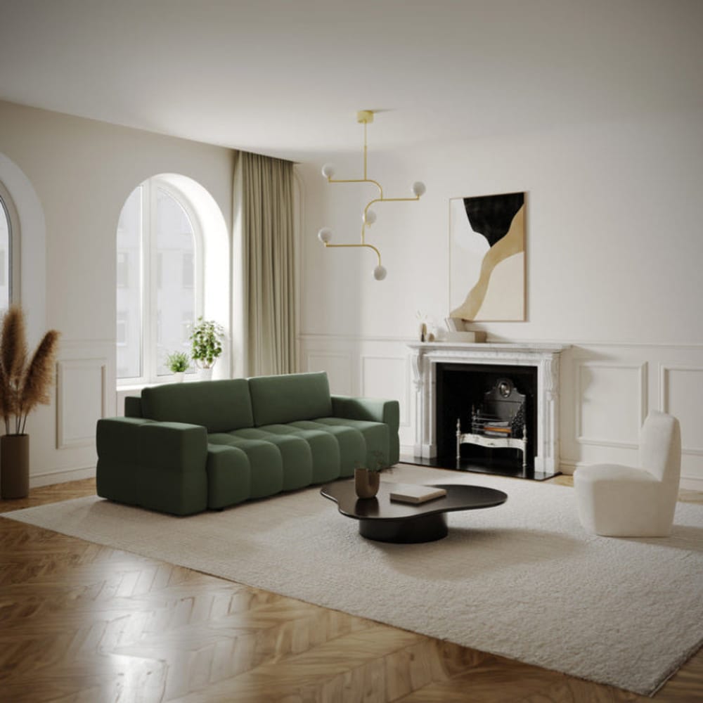 Canapé convertible coffre noyer 4 places en tissu tramé vert olive - Maisons du Monde