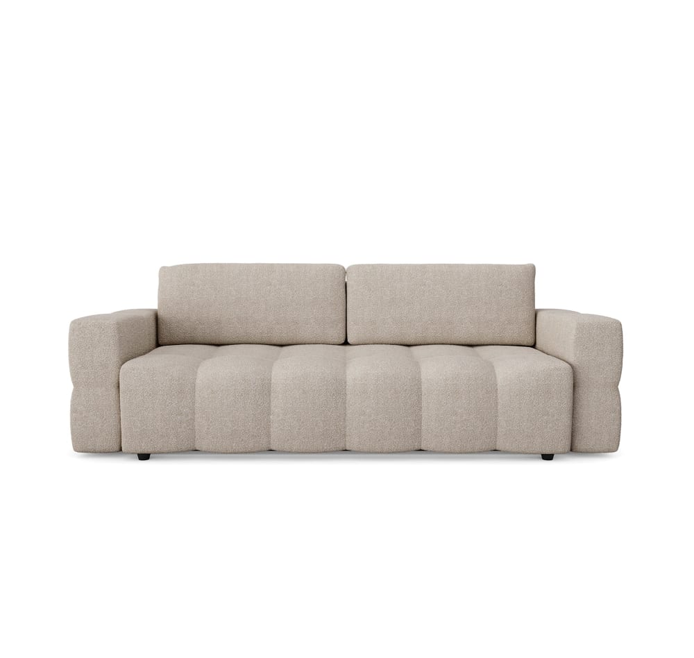 Canapé convertible coffre noyer 4 places en tissu bouclette beige
