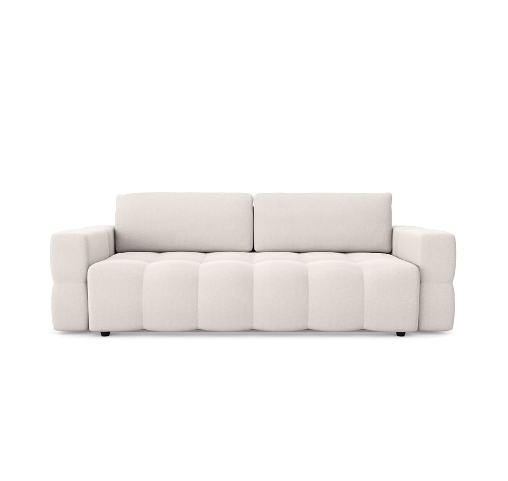 Canapé convertible coffre noyer 4 places en tissu tramé crème
