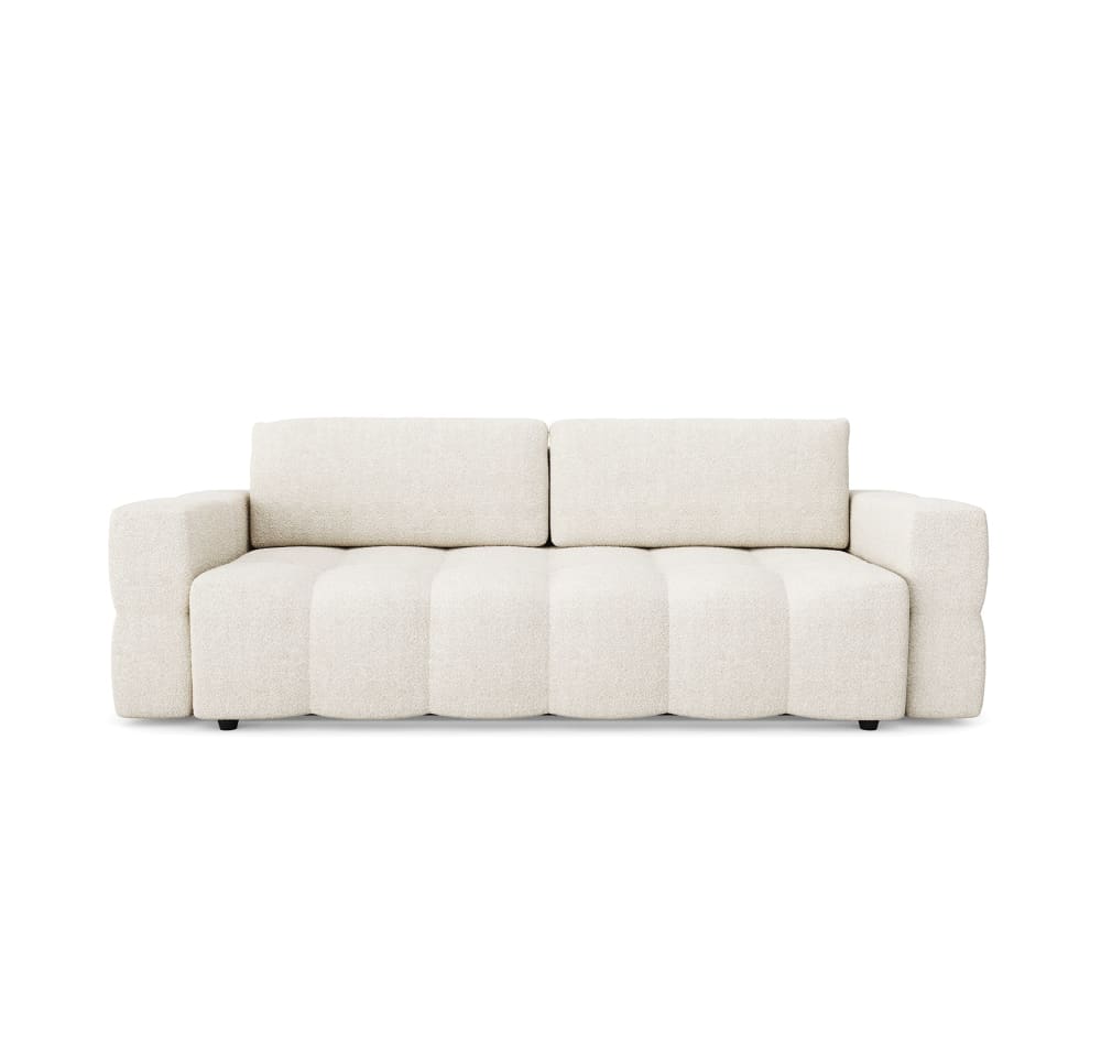 Canapé convertible coffre noyer 4 places en tissu bouclette crème