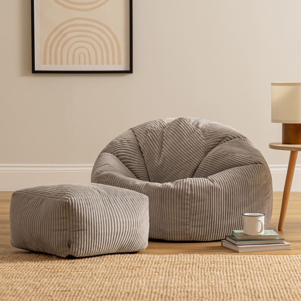 Pouf avec repose-pied carré velours côtelé gris clair