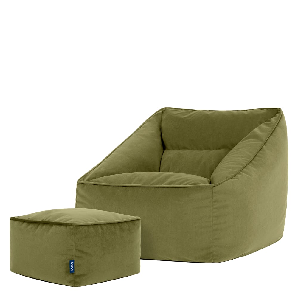 Pouf poire fauteuil avec repose-pied carré velours vert olive