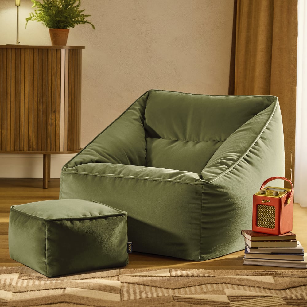 Pouf poire fauteuil avec repose-pied carré velours vert olive