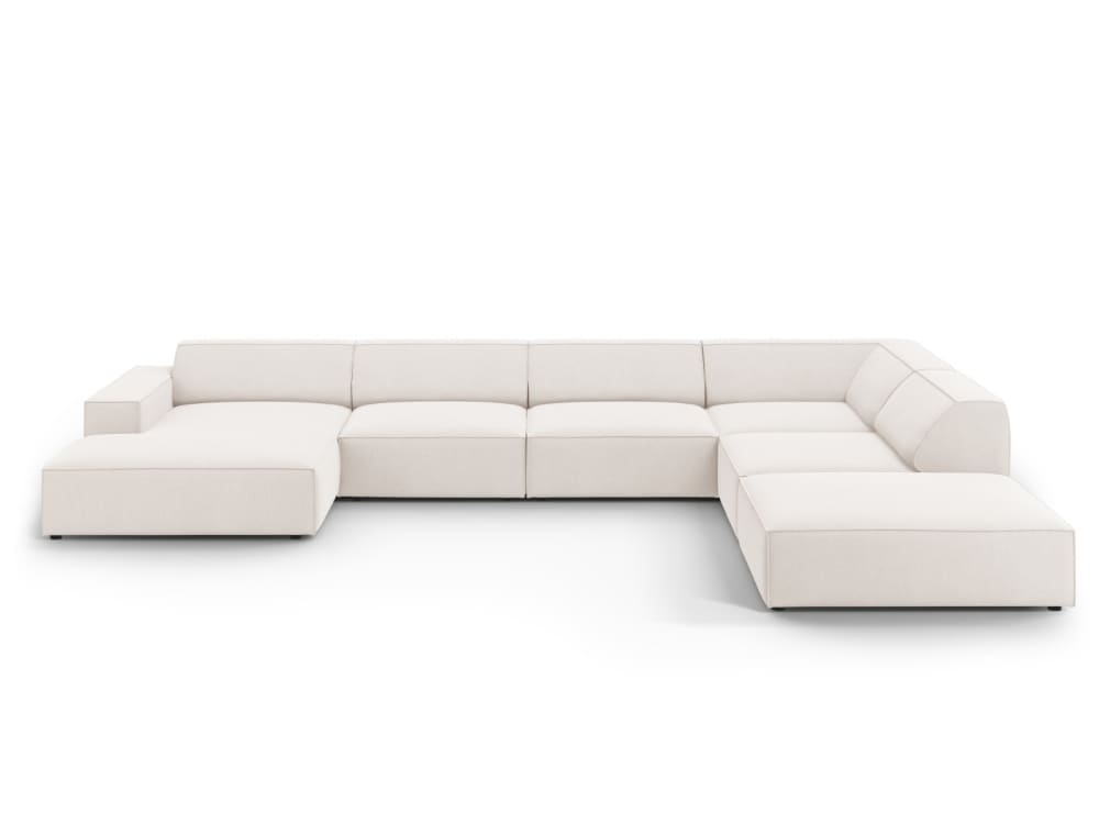 Canapé droit panoramique 7 places en tissu structurel beige clair