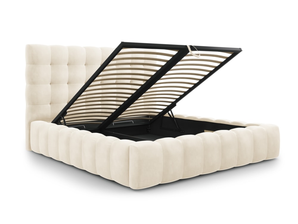Lit coffre en avec tête de lit 180x200cm en tissu velours beige clair