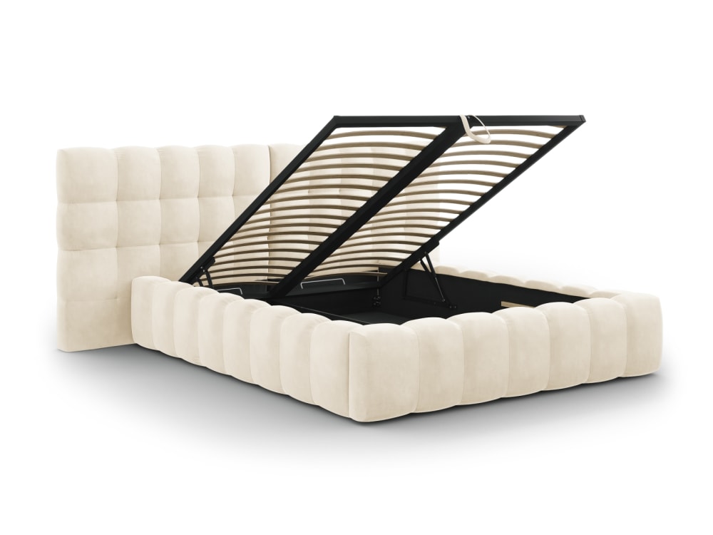 Lit coffre en avec tête de lit double 160x200cm velours beige clair