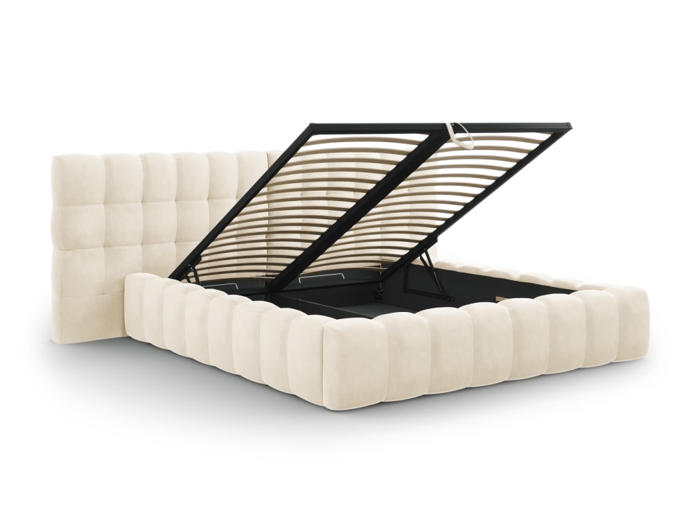 Lit coffre en avec tête de lit double 180x200cm velours beige clair