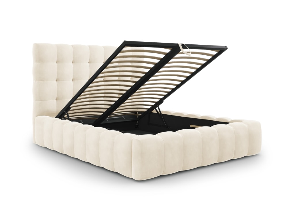 Lit coffre en avec tête de lit 160x200cm en tissu velours beige clair