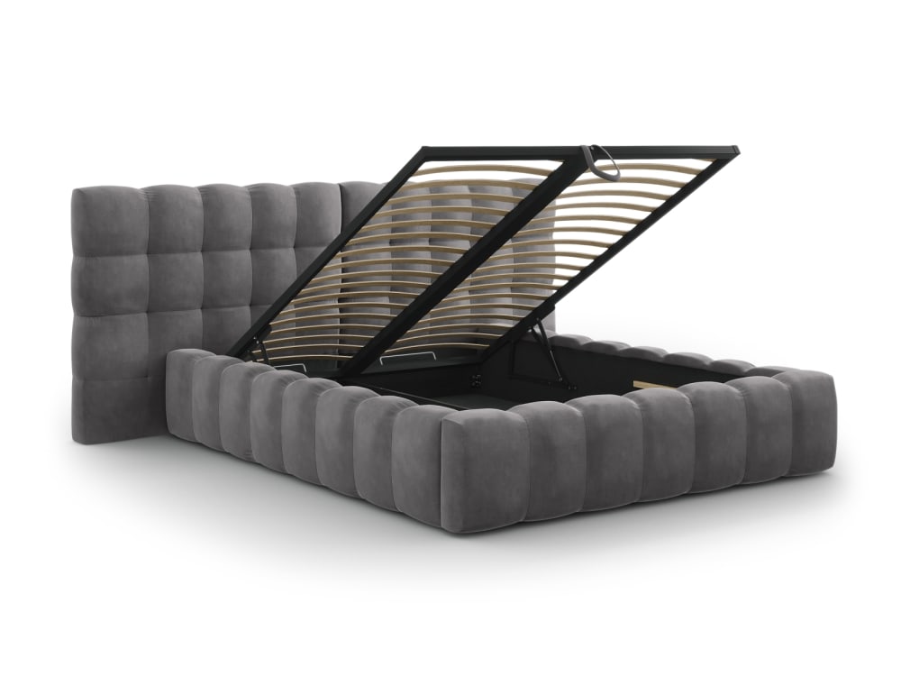Lit coffre en avec tête de lit double 160x200cm en tissu velours gris