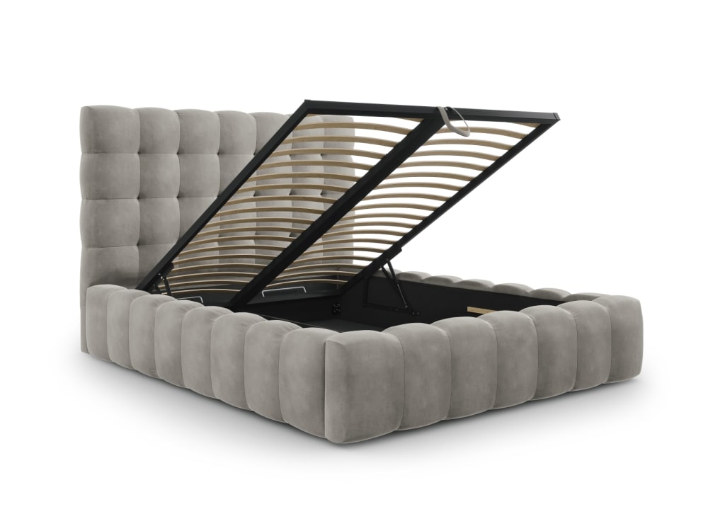 Lit coffre en avec tête de lit 160x200cm en tissu velours gris clair
