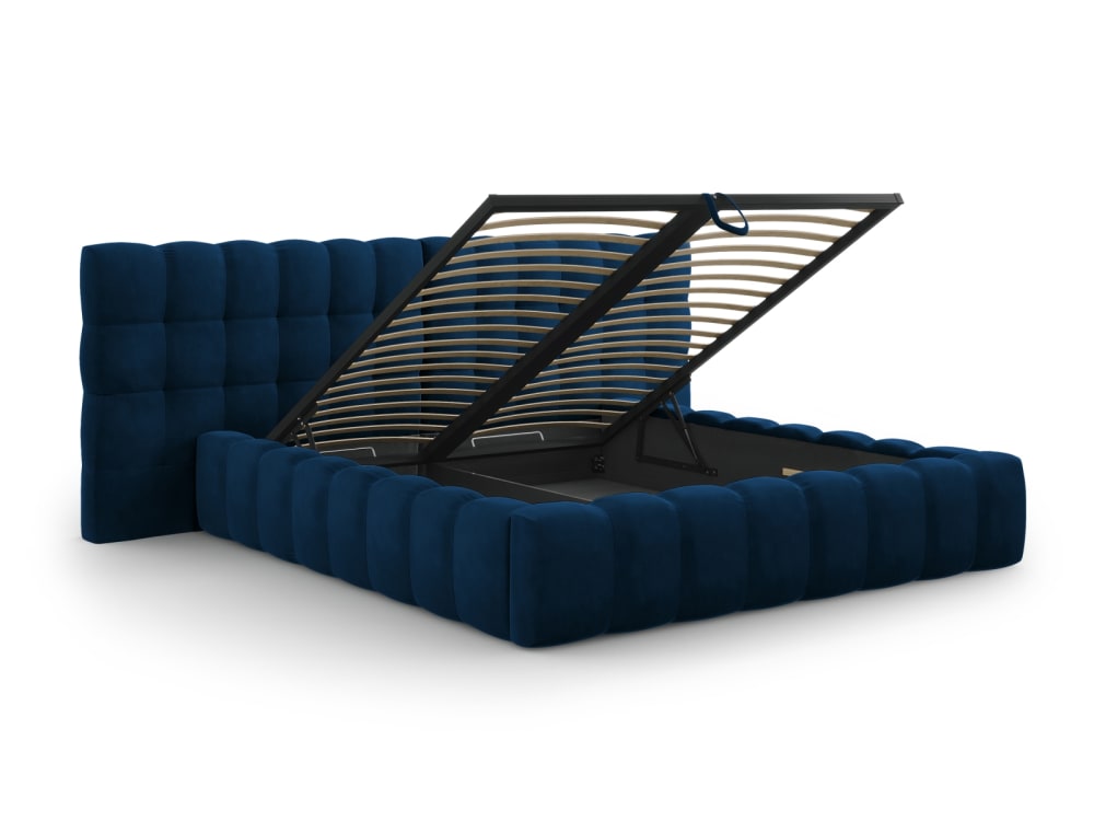Lit coffre en avec tête de lit double 180x200cm velours bleu roi