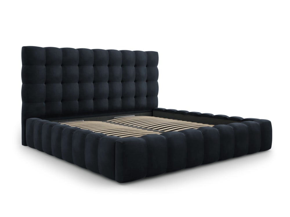 Lit coffre en avec tête de lit 200x200cm en tissu velours bleu foncé