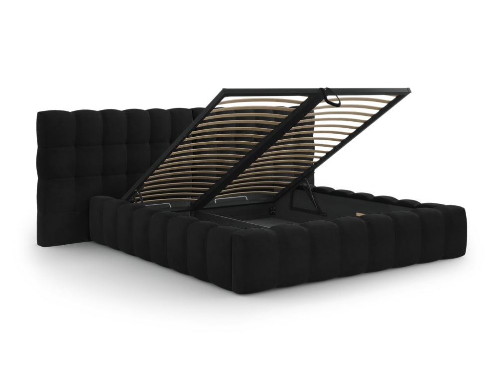 Lit coffre en avec tête de lit double 180x200cm en tissu velours noir