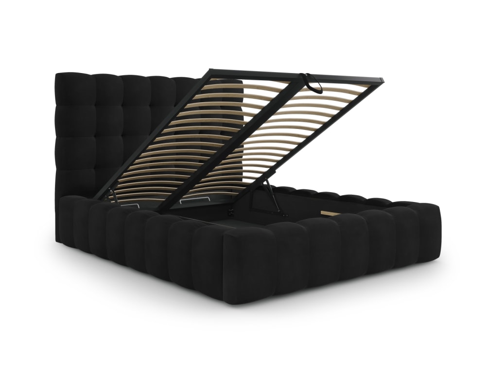Lit coffre en avec tête de lit 160x200cm en tissu velours noir