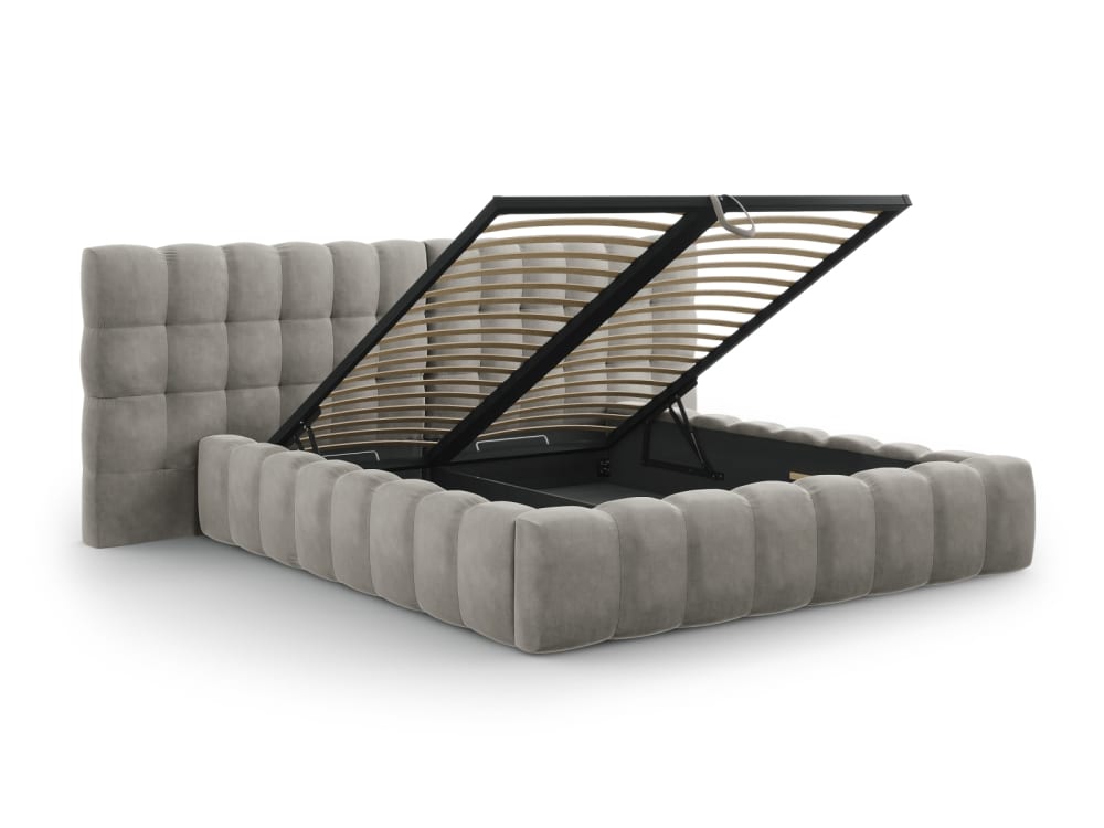 Lit coffre en avec tête de lit double 180x200cm velours gris clair