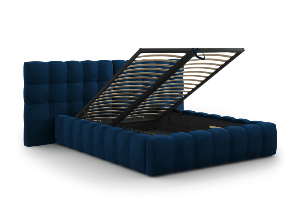 Lit coffre en avec tête de lit double 160x200cm velours bleu roi