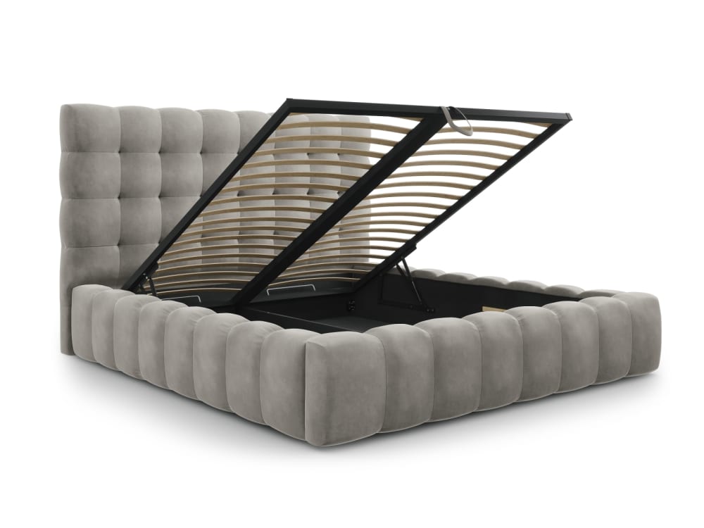 Lit coffre en avec tête de lit 180x200cm en tissu velours gris clair