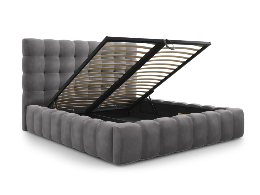 Lit coffre en avec tête de lit 180x200cm en tissu velours gris