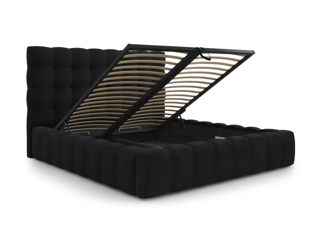 Lit coffre en avec tête de lit 180x200cm en tissu velours noir