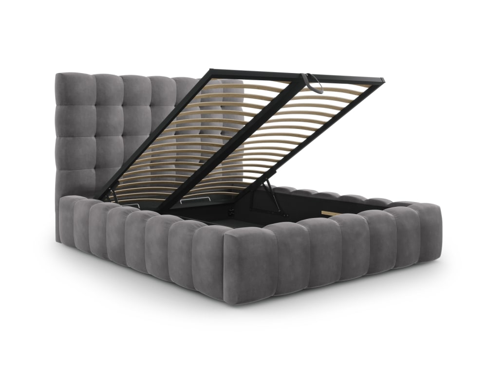 Lit coffre en avec tête de lit 140x200cm en tissu velours gris