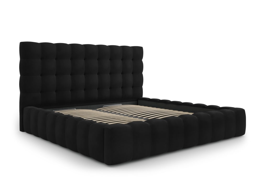 Lit coffre en avec tête de lit 200x200cm en tissu velours noir