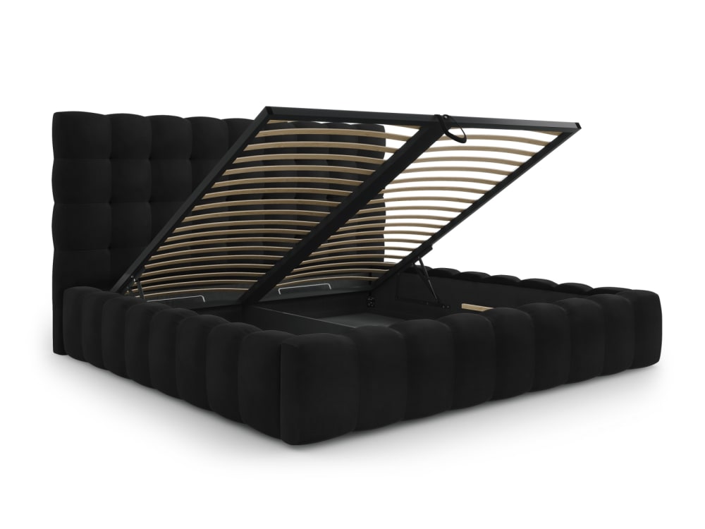 Lit coffre en avec tête de lit 200x200cm en tissu velours noir