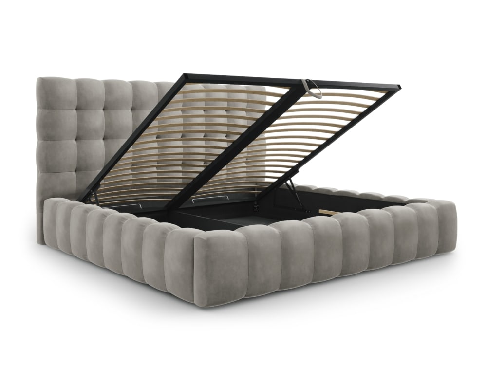 Lit coffre en avec tête de lit 200x200cm en tissu velours gris clair