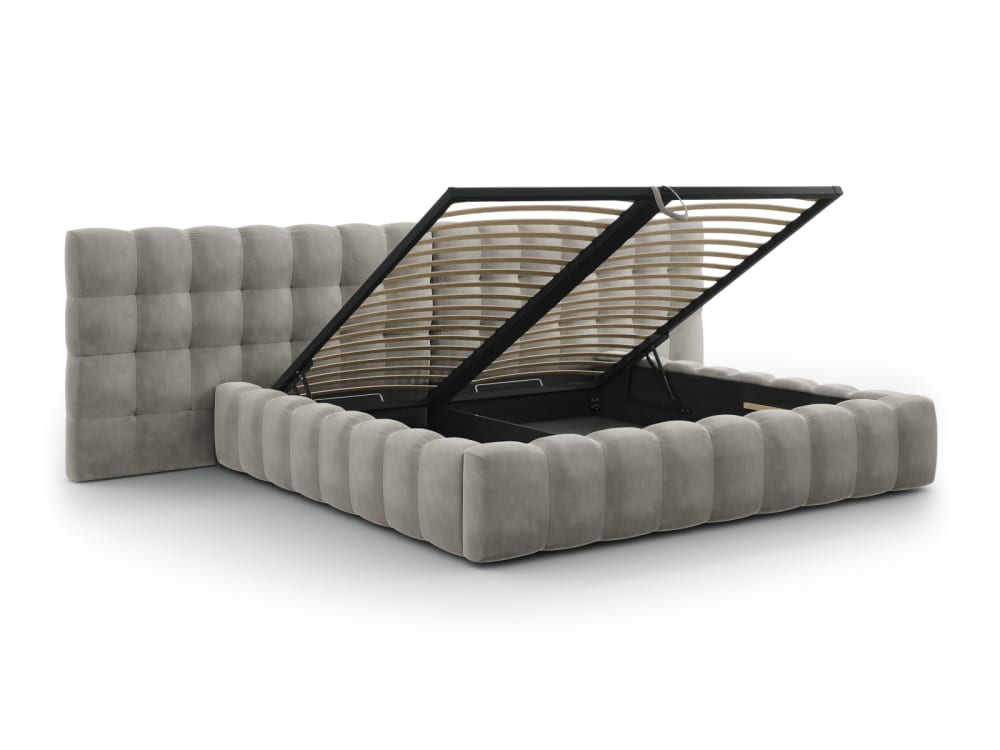 Lit coffre en avec tête de lit double 200x200cm velours gris clair