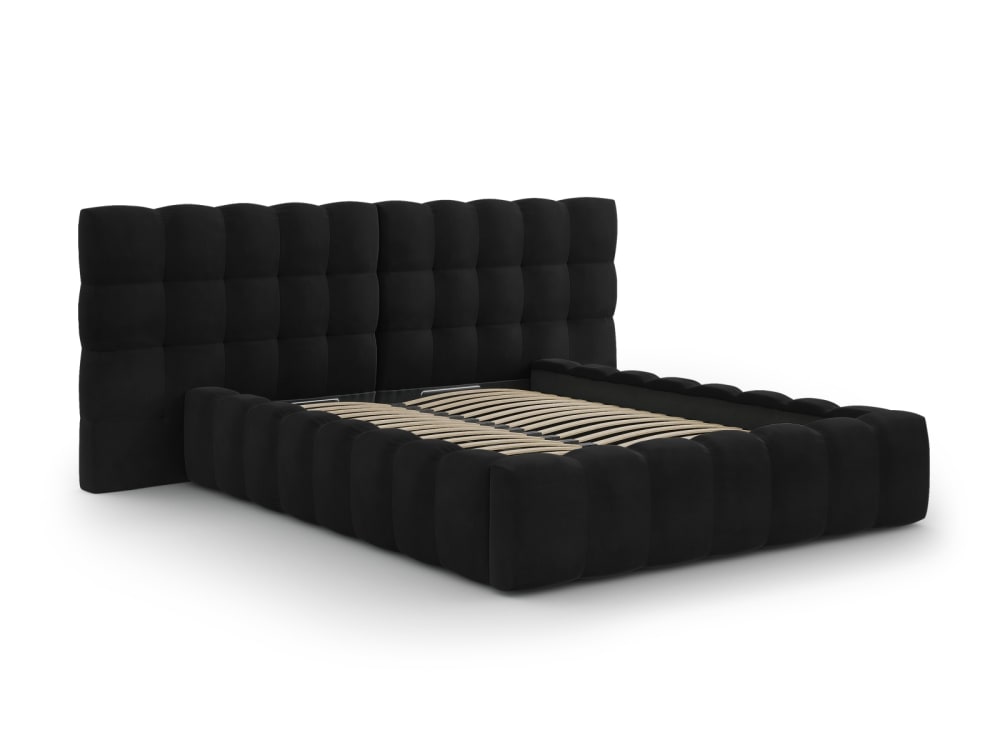 Lit coffre en avec tête de lit double 140x200cm en tissu velours noir