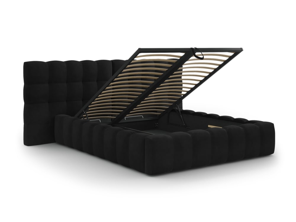 Lit coffre en avec tête de lit double 140x200cm en tissu velours noir
