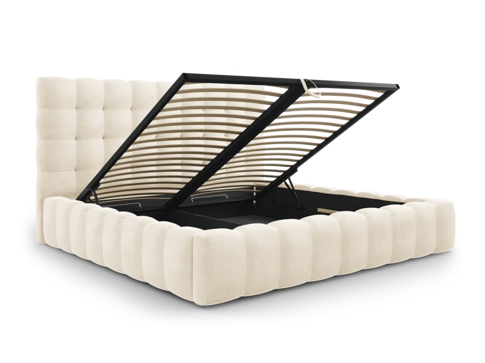 Lit coffre en avec tête de lit 200x200cm en tissu velours beige clair