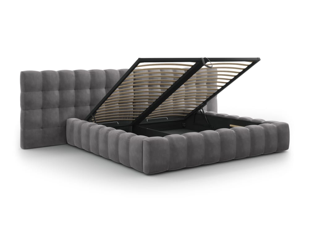 Lit coffre en avec tête de lit double 200x200cm en tissu velours gris