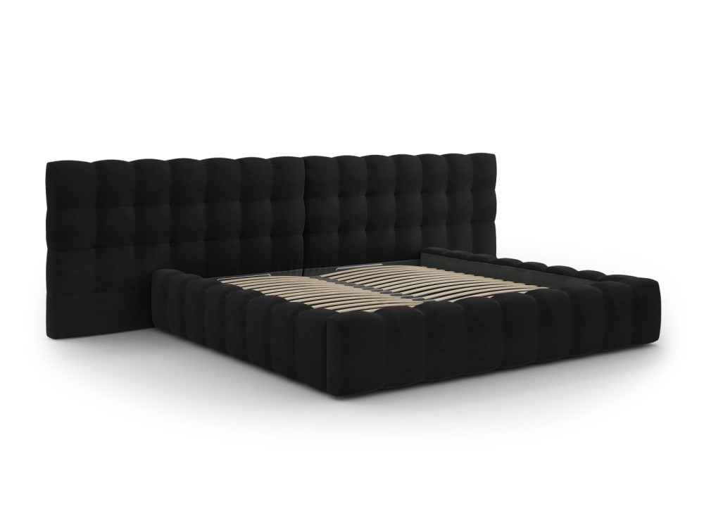 Lit coffre en avec tête de lit double 200x200cm en tissu velours noir
