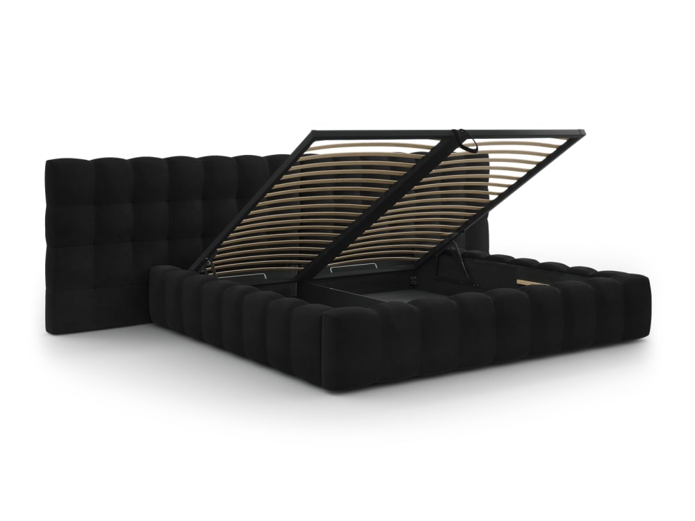Lit coffre en avec tête de lit double 200x200cm en tissu velours noir
