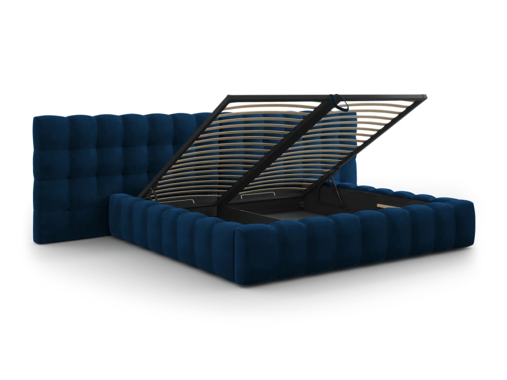 Lit coffre en avec tête de lit double 200x200cm velours bleu roi