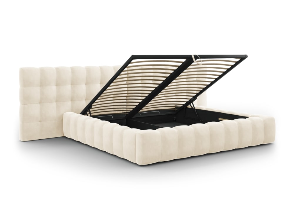 Lit coffre en avec tête de lit double 200x200cm velours beige clair